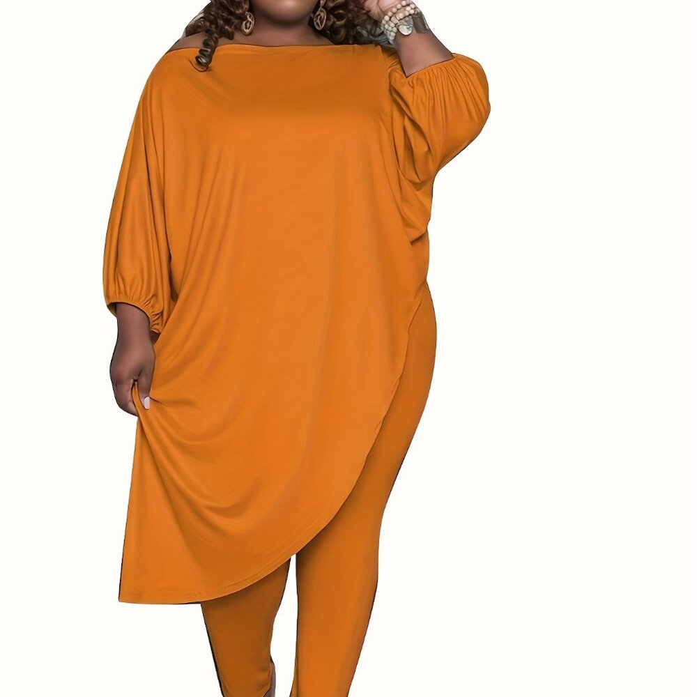 Plus Size Off-Shoulder 2PC Set | Asymmetrical Top + Stretch Pants (1X–5X) - Picture 2 of 3